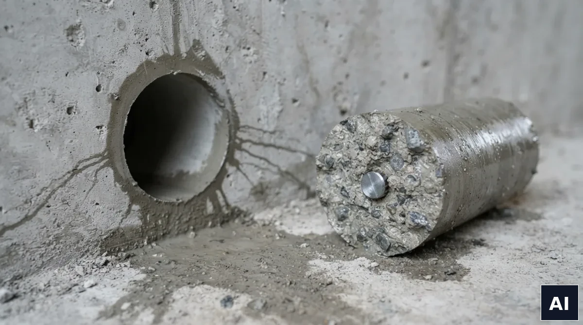 Wycięty rdzeń betonowy i gładki otwór po wierceniu diamentowym w ścianie